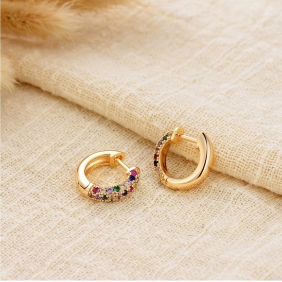 Gold 14k Gold Plated Colorful Cubic Zirconia Hoop Earrings - Picture 2 of 4